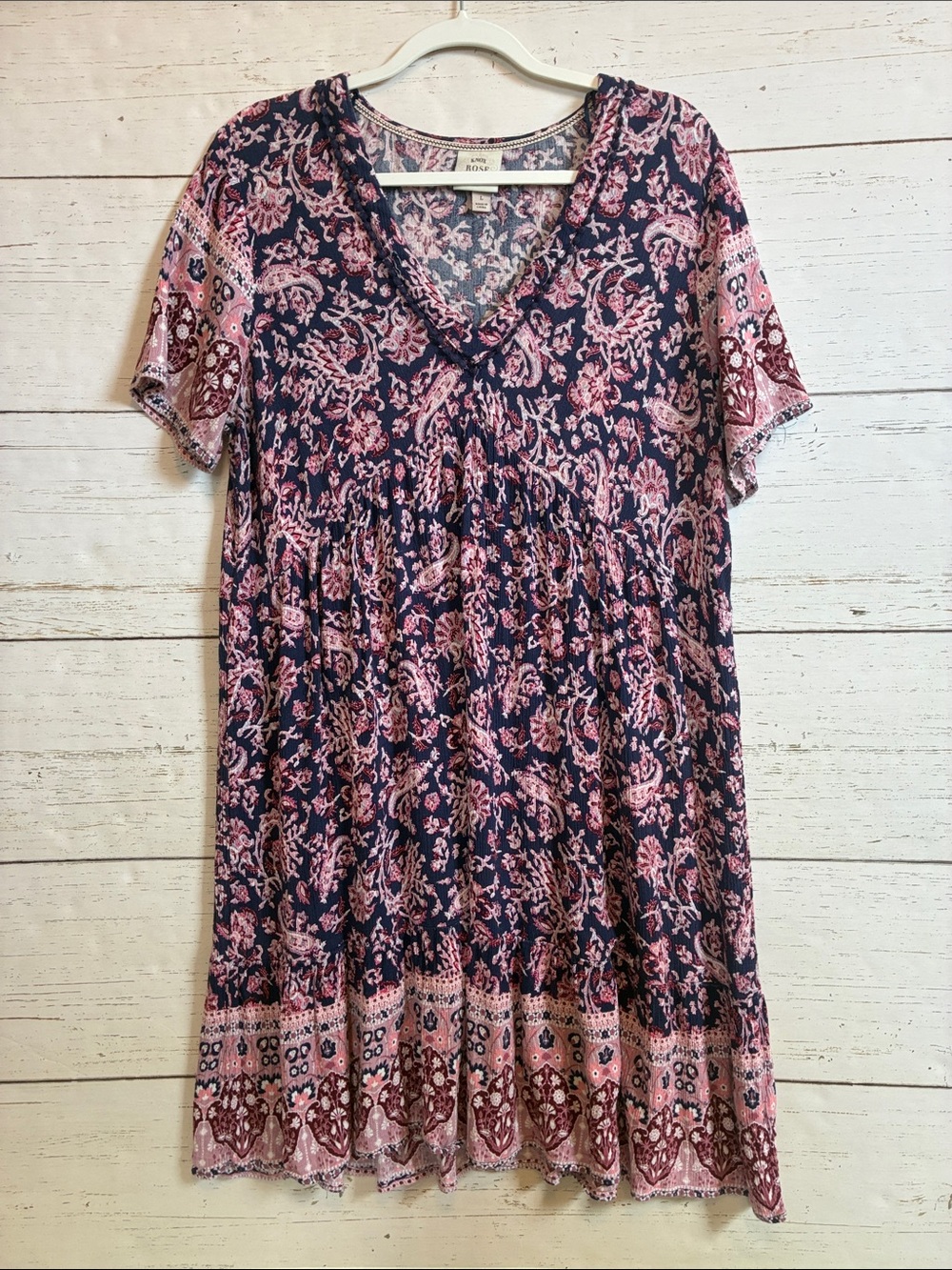 Knox Rose Navy & Pink Floral/Paisley Patterned V-Neck Dress, size L